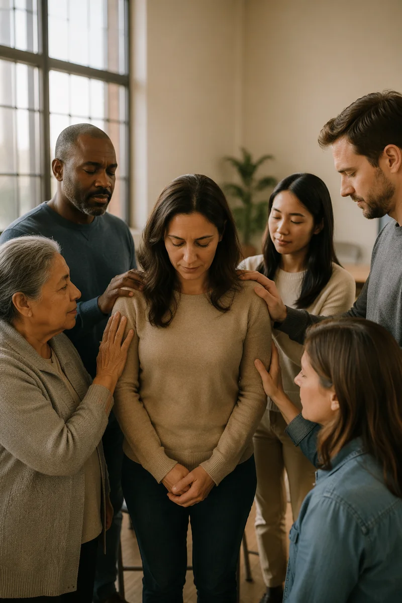 Congregation Praying Around Woman in Hall