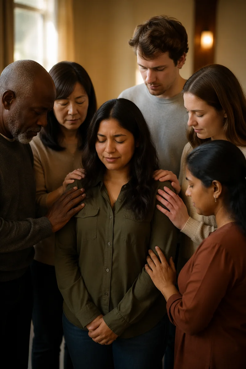 Congregation Gathered Around Woman in Prayer
