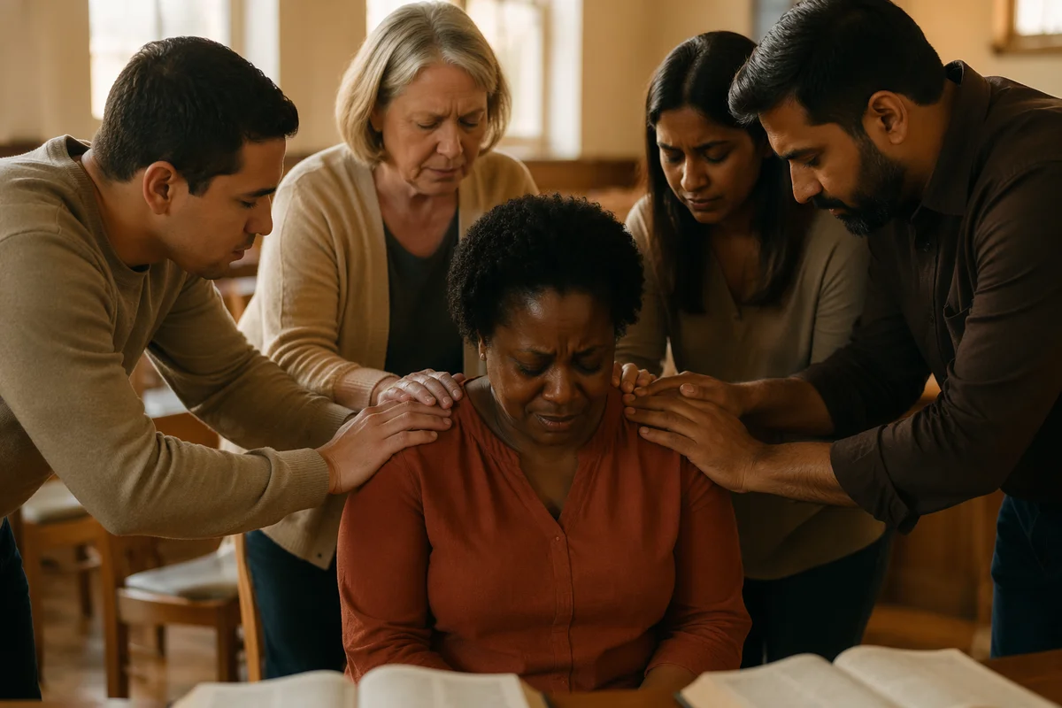 Congregation Praying Around Seated Woman