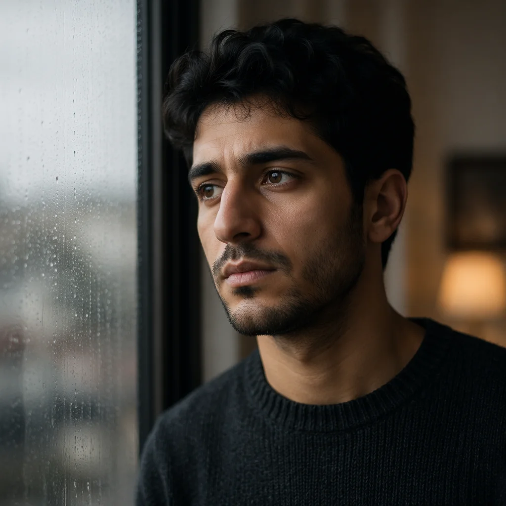 Thoughtful Young Man by Rainy Window