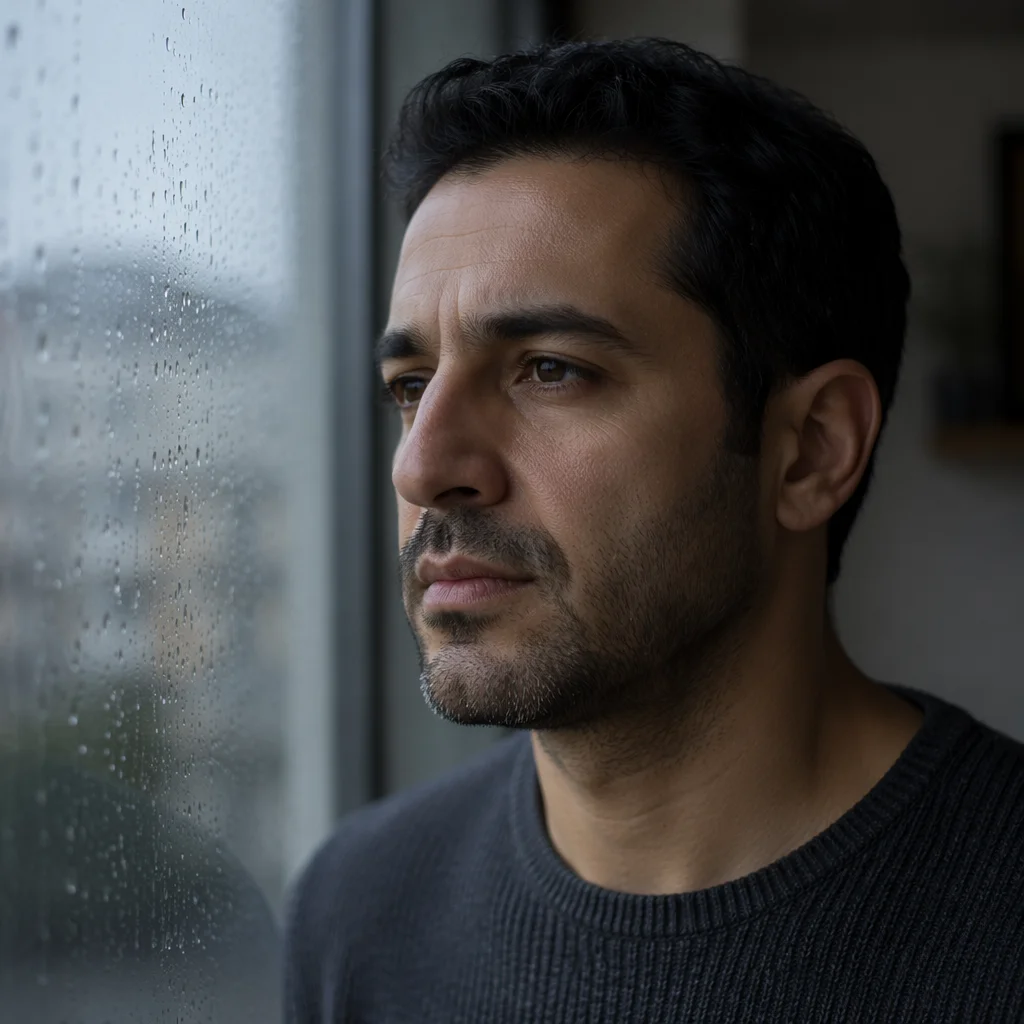Contemplative Man by Rainy Window Close Up