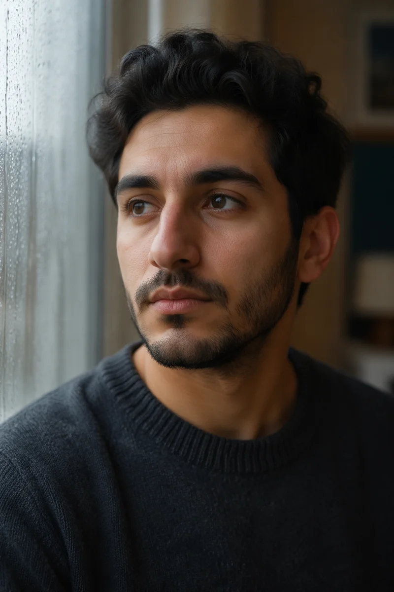 Thoughtful Young Man by Rainy Window