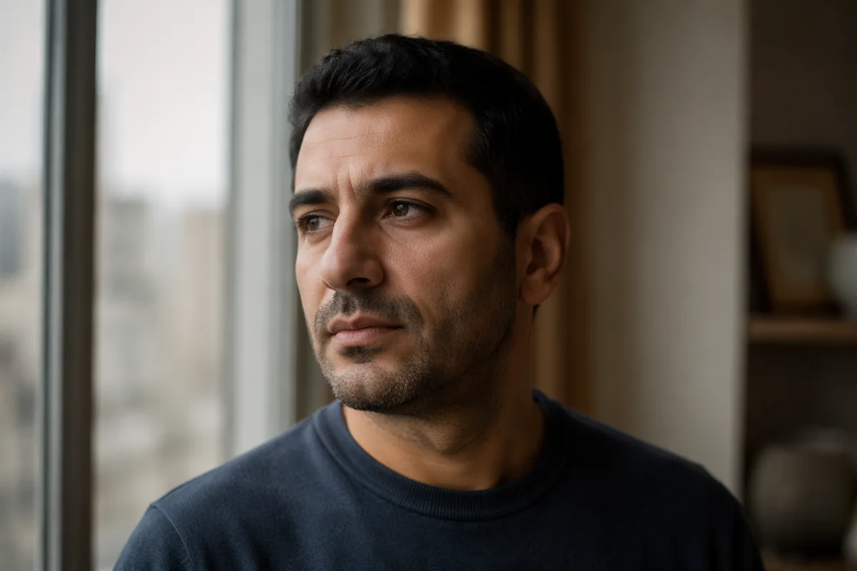 Contemplative Man by Apartment Window