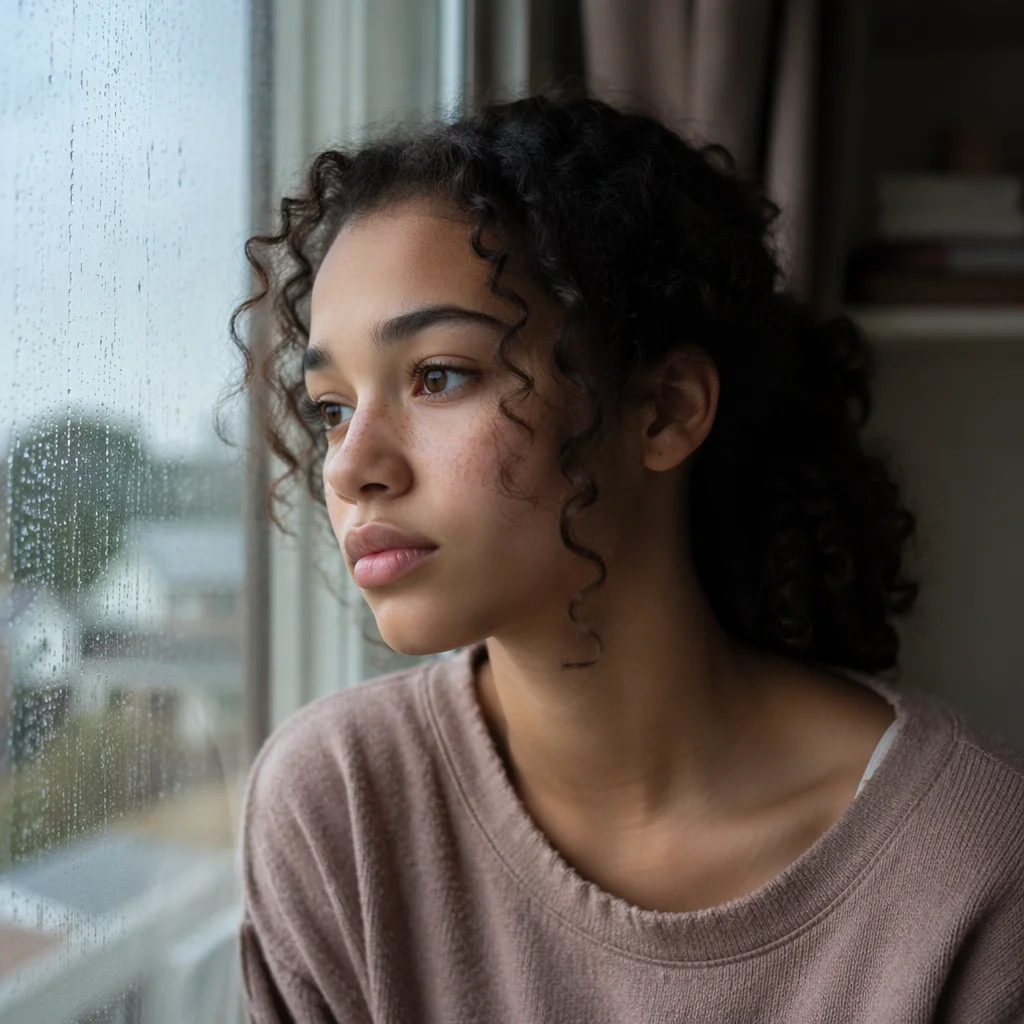 Contemplative Teen Girl by Rainy Window