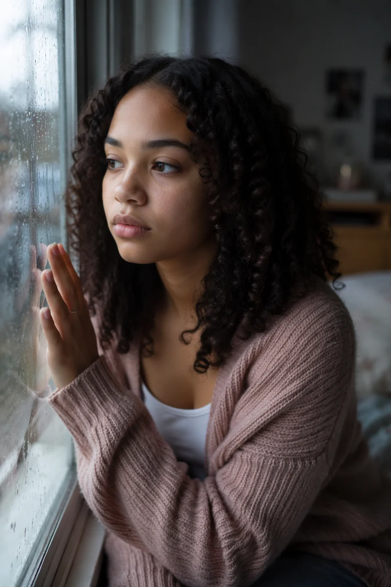 Contemplative Teenage Girl by Rainy Window