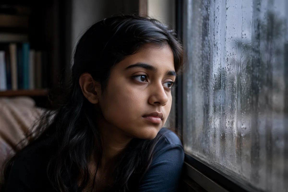 Contemplative Teen Girl by Rainy Window