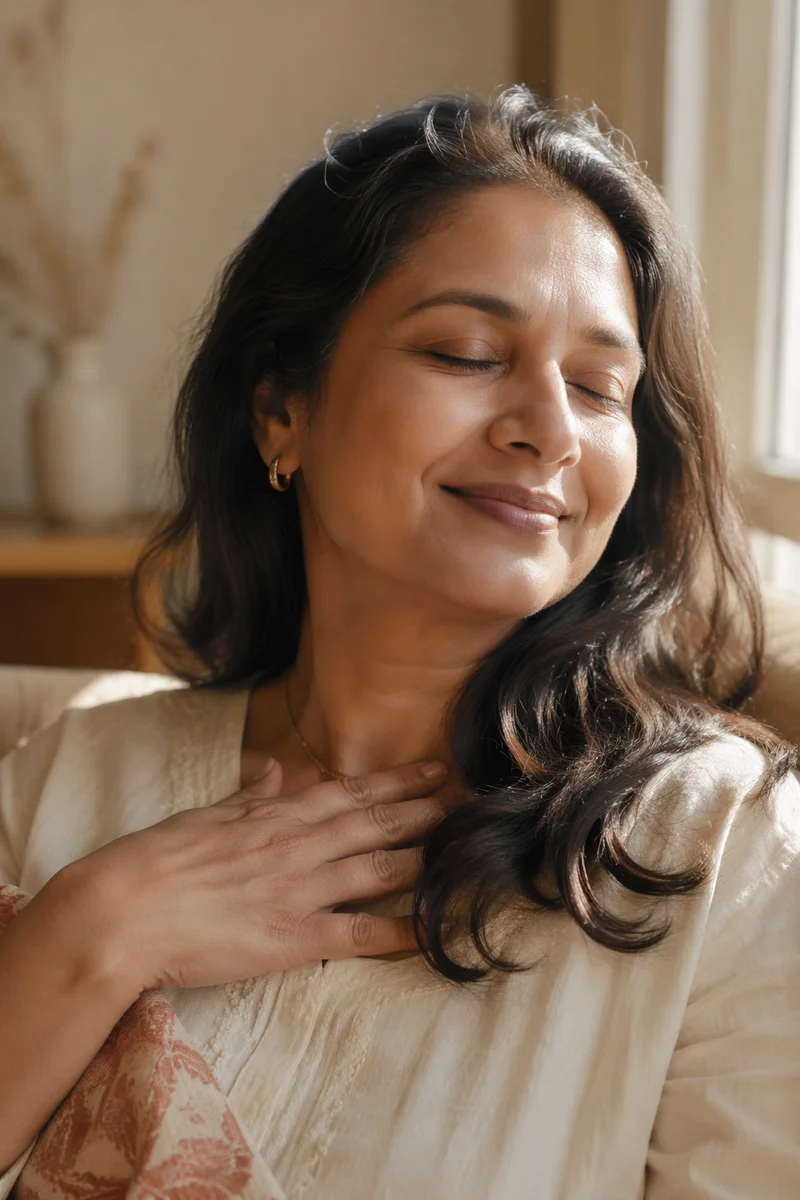 Peaceful Smiling Woman by Sunlit Window