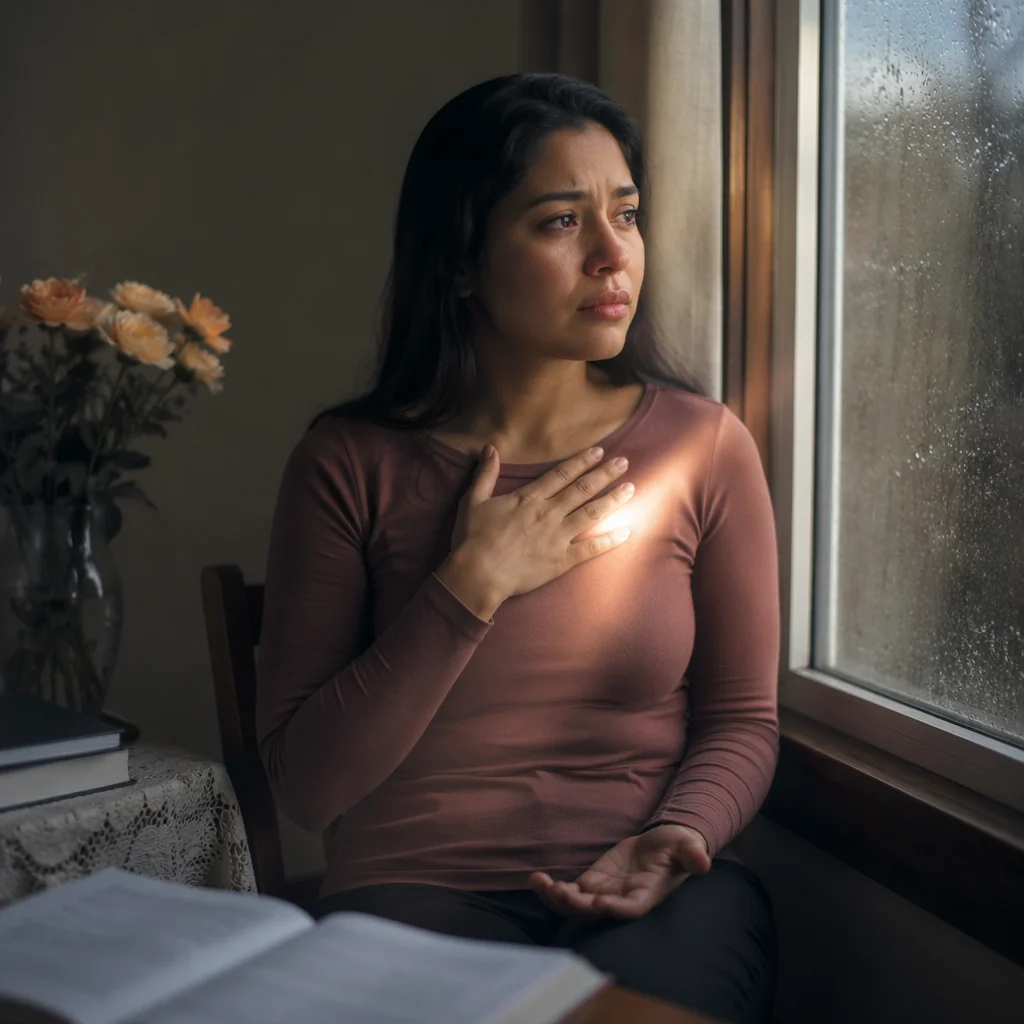 Contemplative Woman by Rain Speckled Window