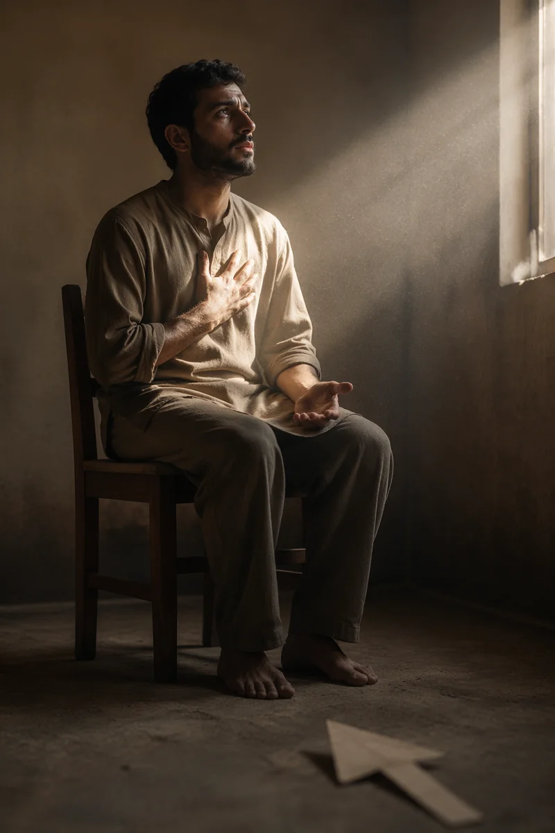Contemplative Man in Morning Light Indoors