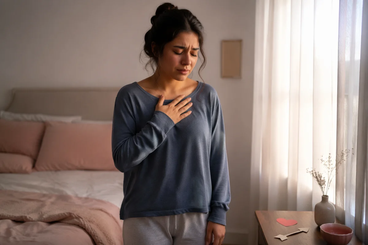 Tearful Woman in Soft Dawn Bedroom