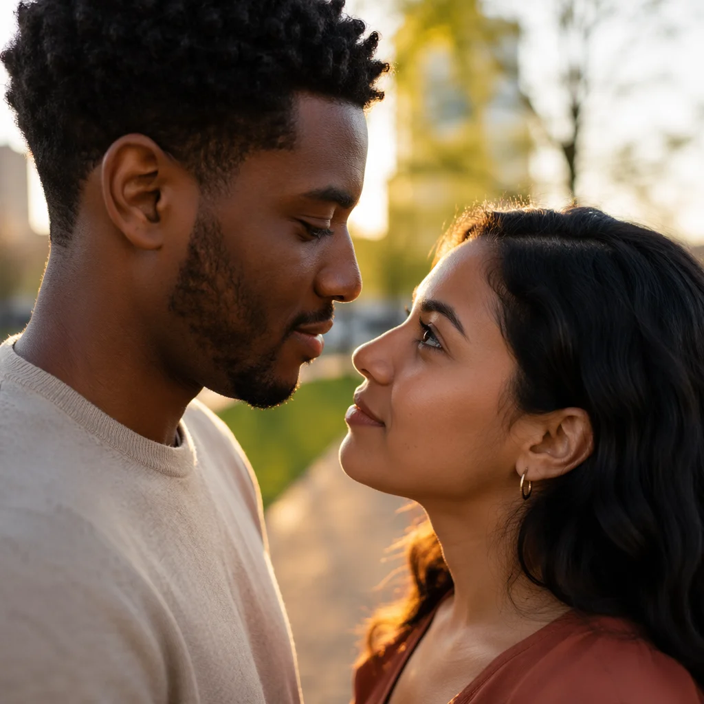 Interracial Couple Sharing a Tender Gaze