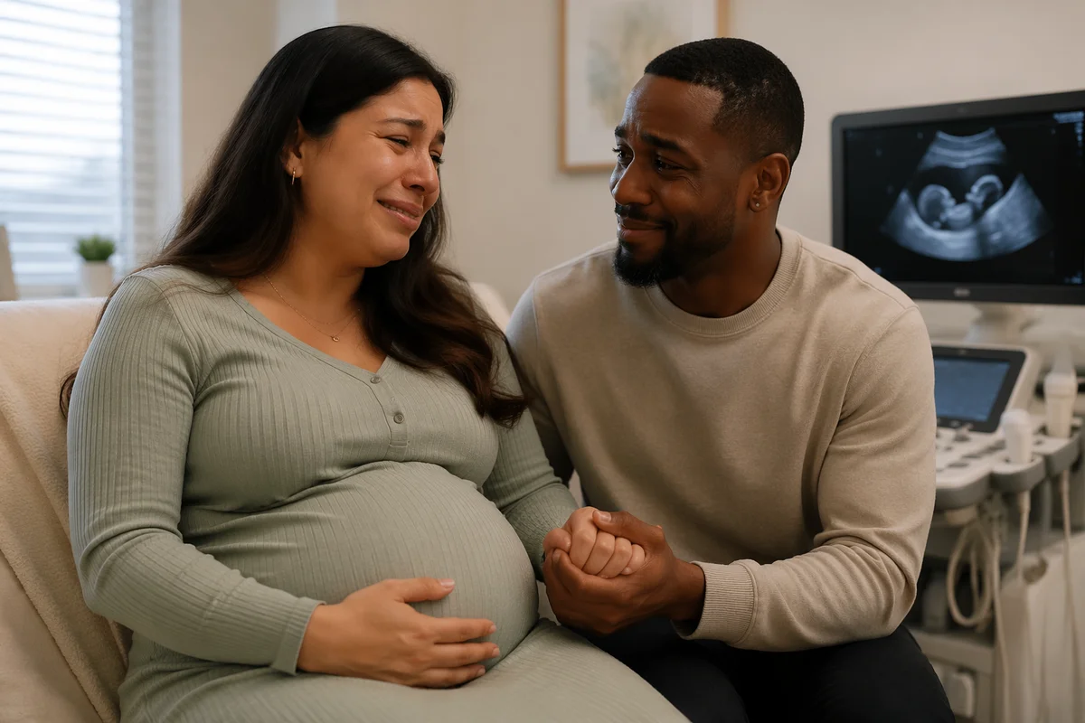 Expectant Couple During Emotional Ultrasound Appointment