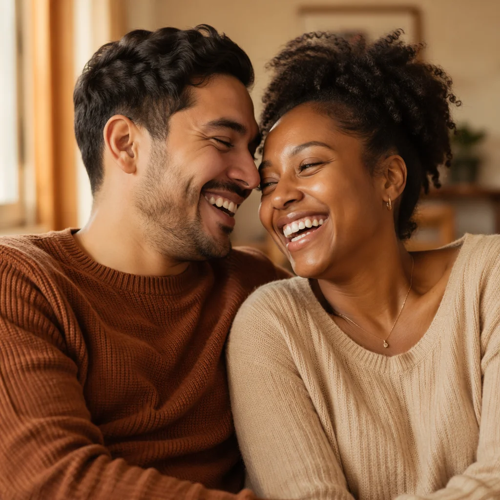 Joyful Interracial Couple Laughing in Warm Light