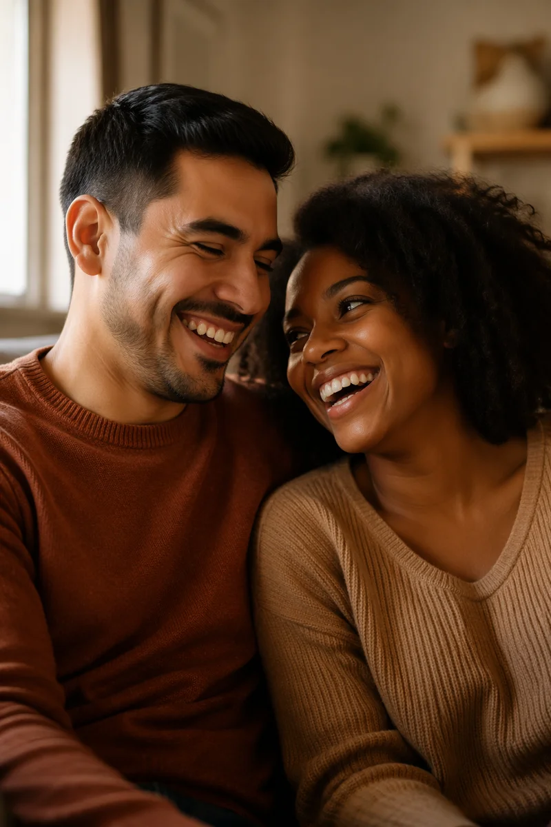 Joyful Interracial Couple Laughing in Warm Light