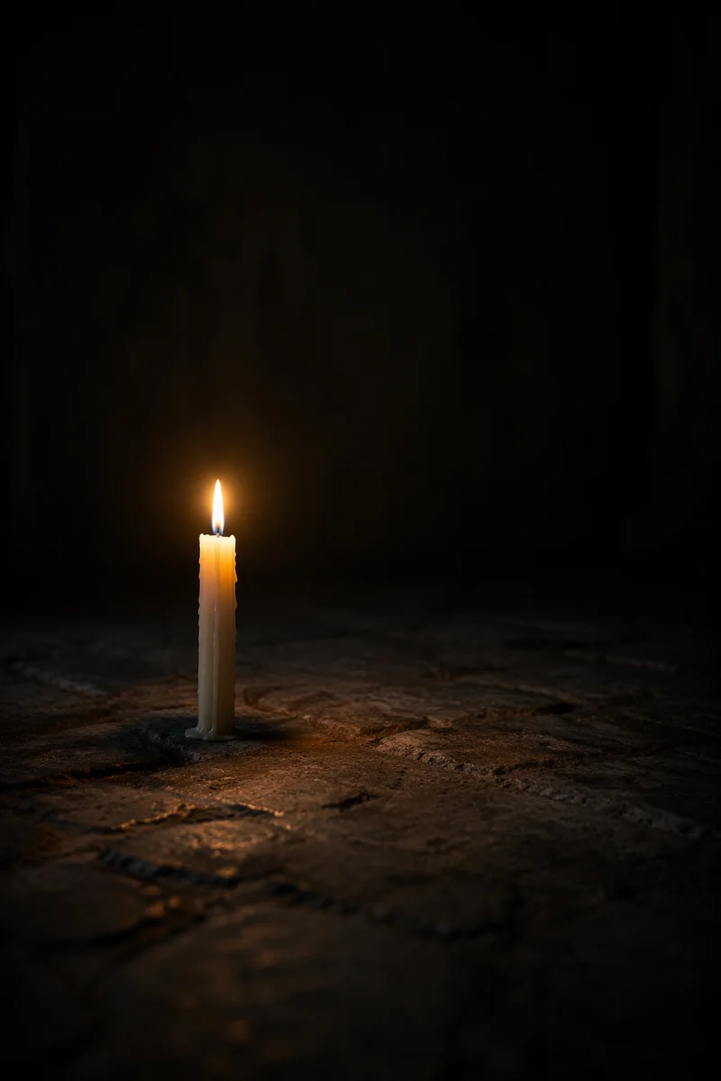 Single Ivory Candle in Dark Interior