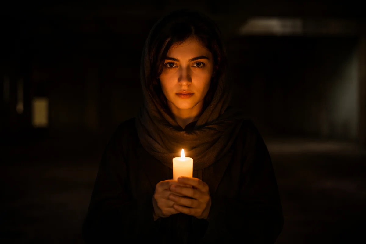Young Woman Holding Candle in Darkness