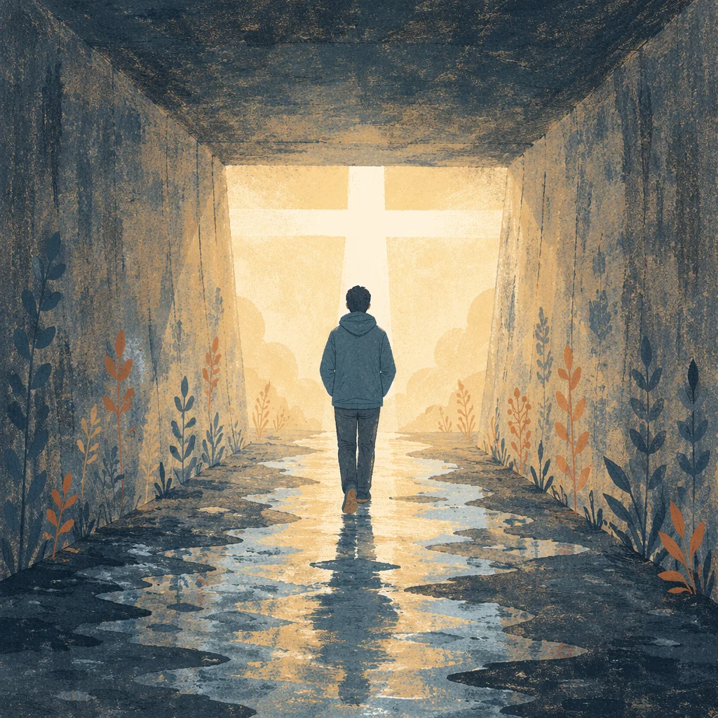 Walking Toward Cross Light in Tunnel