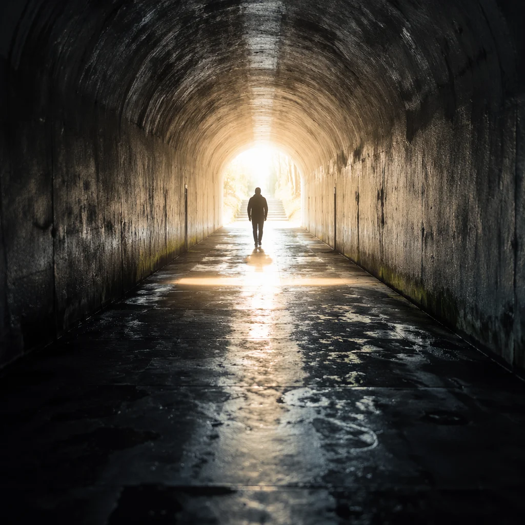 Silhouette Walking Toward Hopeful Tunnel Light
