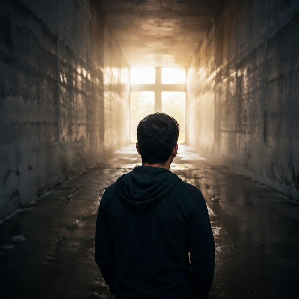 Solitary Man in Tunnel Facing Light