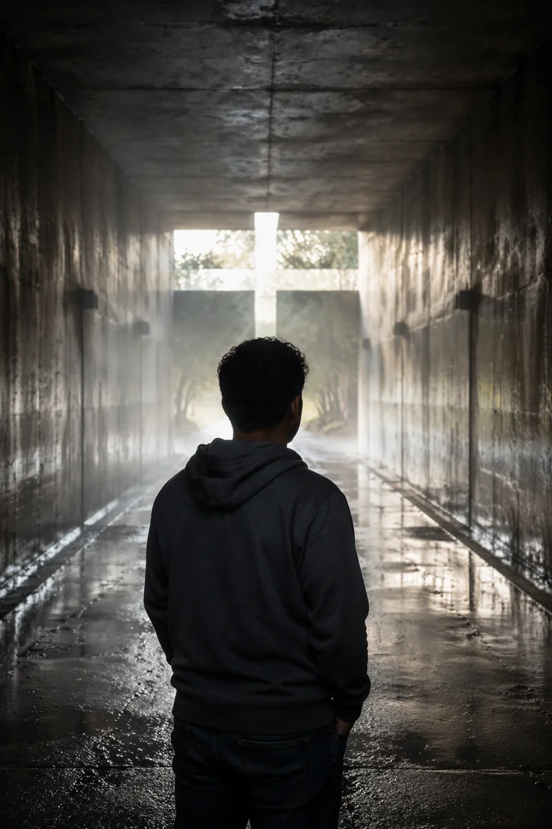 Man in Dark Tunnel Toward Light