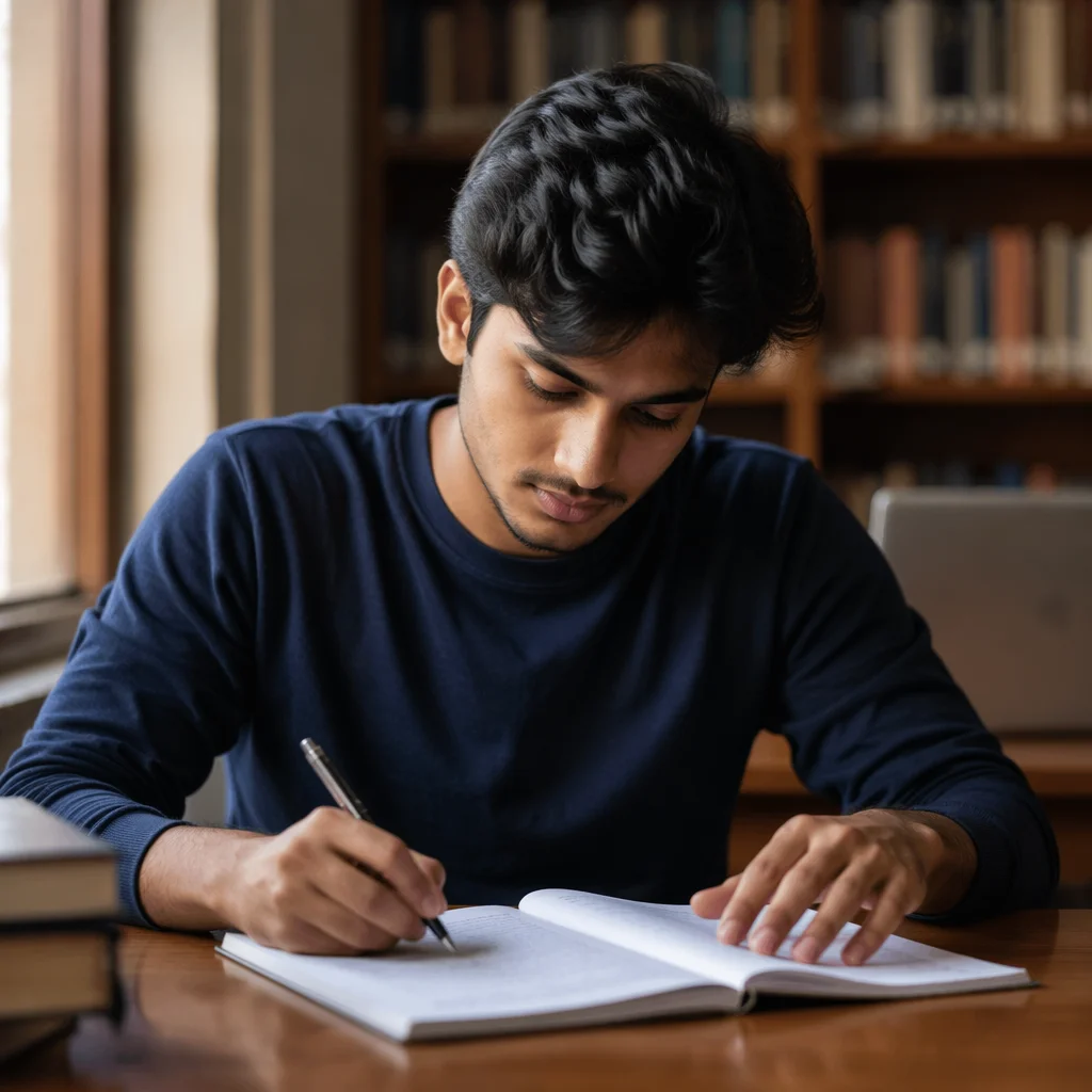 Focused College Student Studying in Library