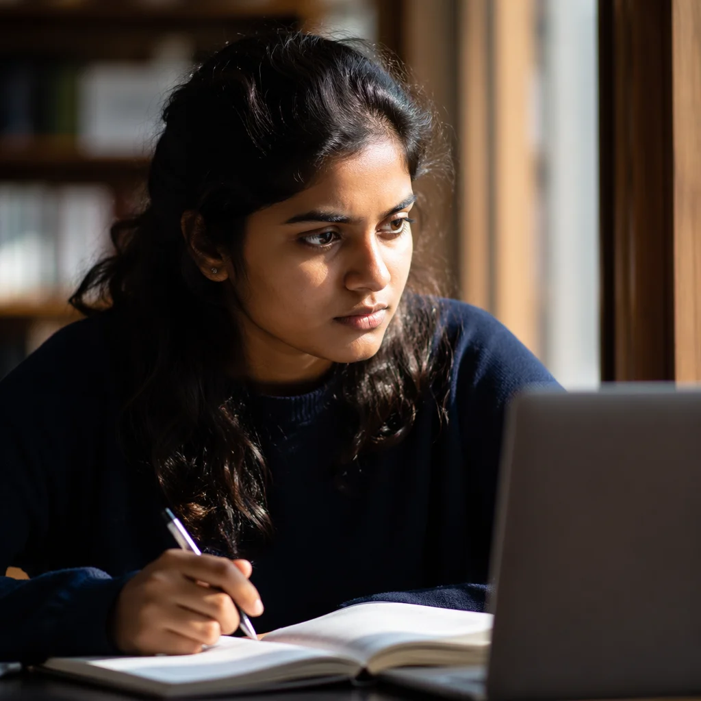 Determined Student Studying by Library Window