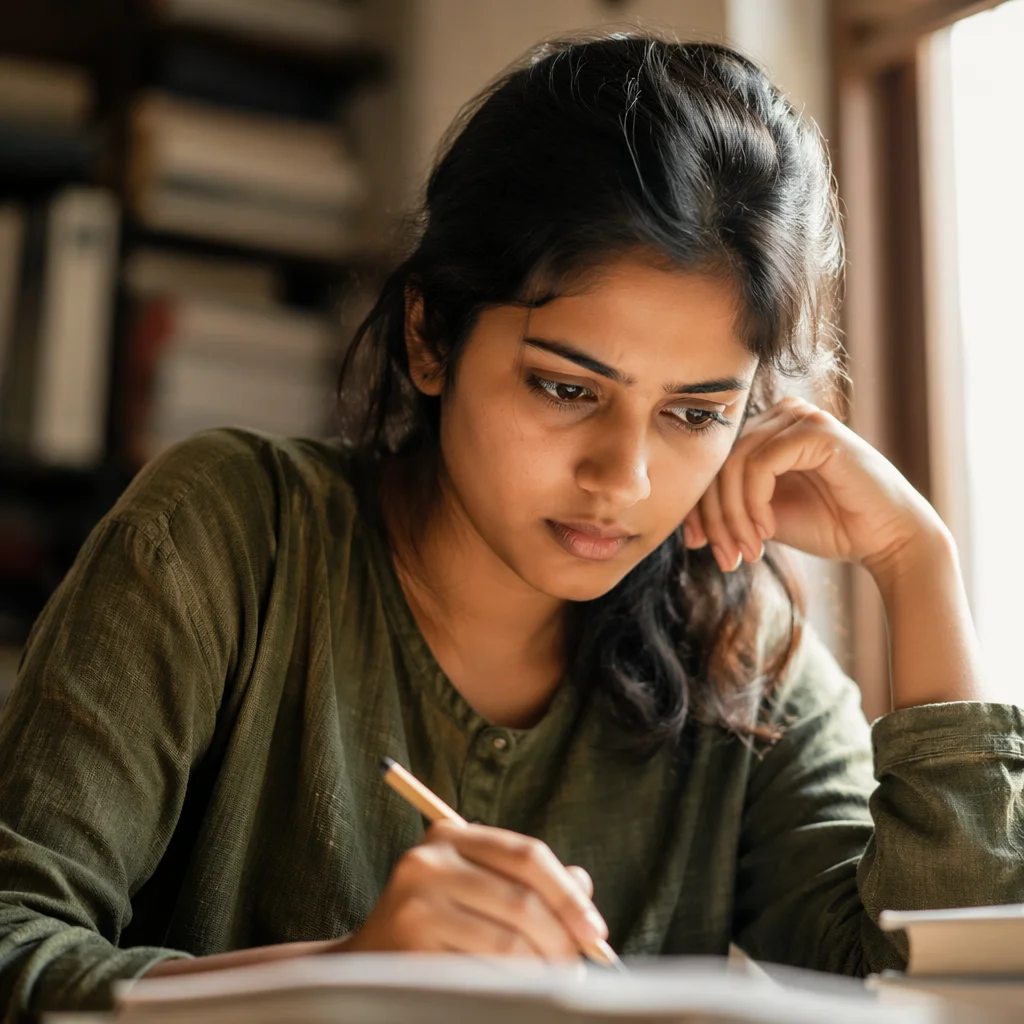 Determined Student Studying by Window Light