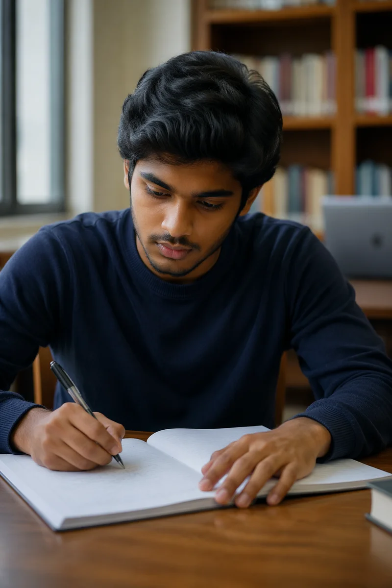Focused College Student at Library Desk