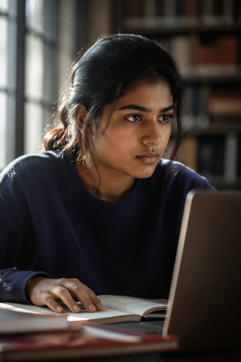 Determined Student Studying by Library Window