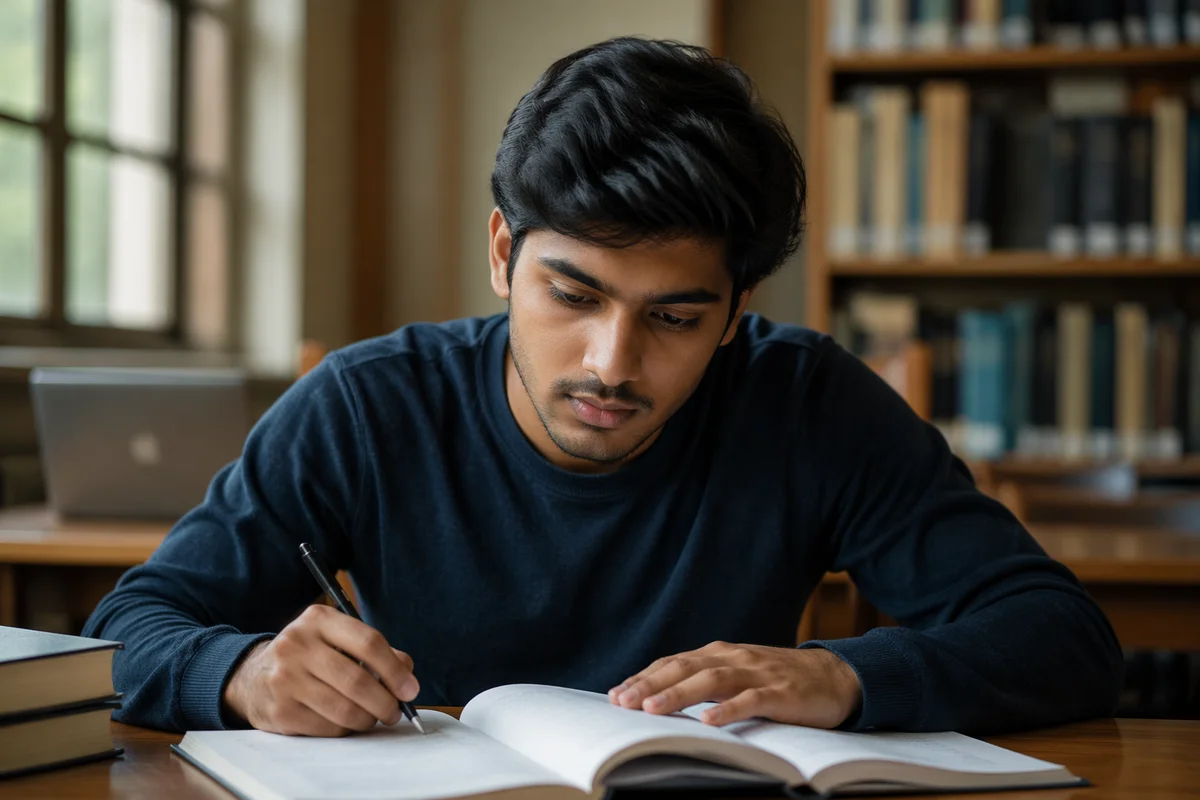 Focused Student Studying at Library Desk