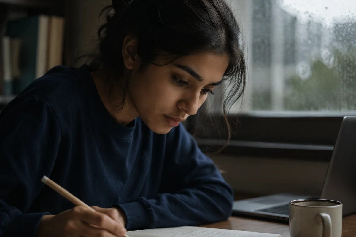 Focused Student Studying by Rainy Window