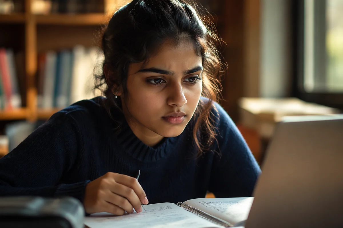 Determined Student Studying by Library Window