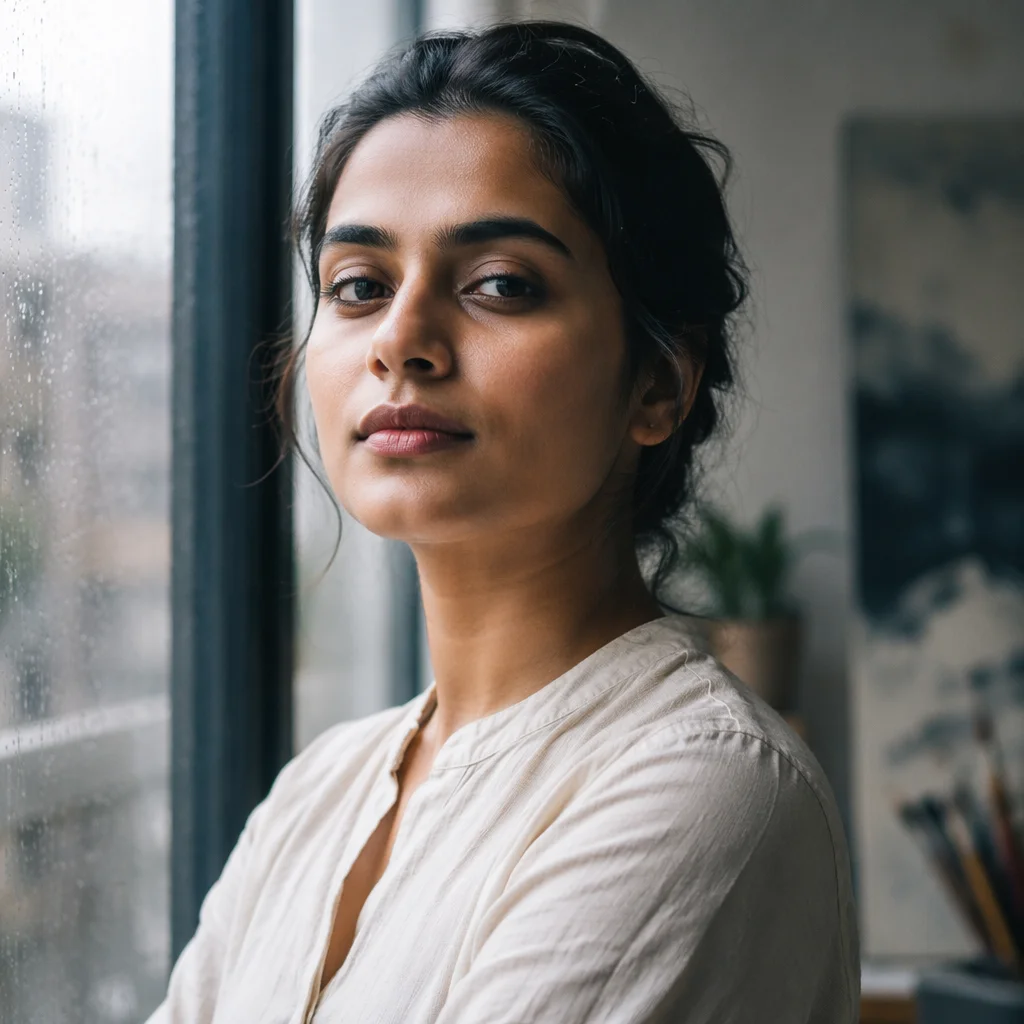 Determined Young Woman by Rainy Window