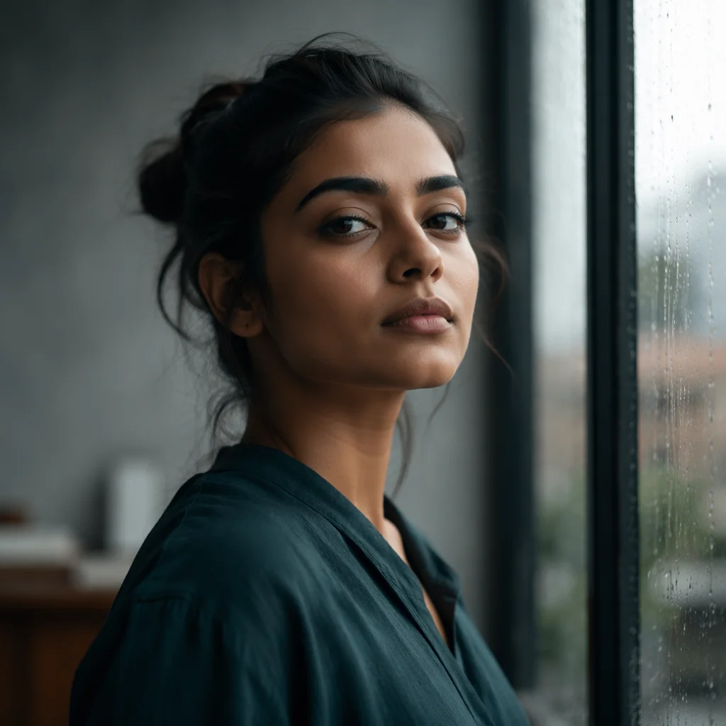 Determined Young Woman by Rainy Window
