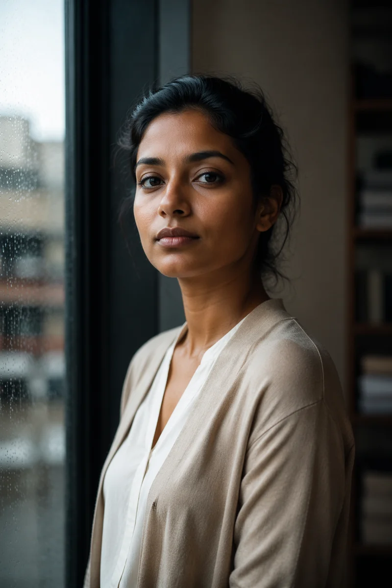Determined Young Woman by Rainy Window