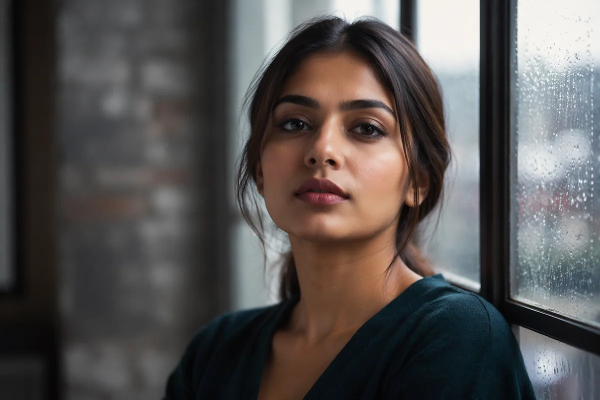 Determined Young Woman by Rainy Window