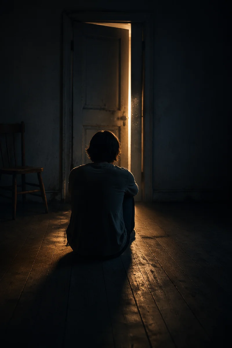 Solitary Figure Facing Light in Doubt