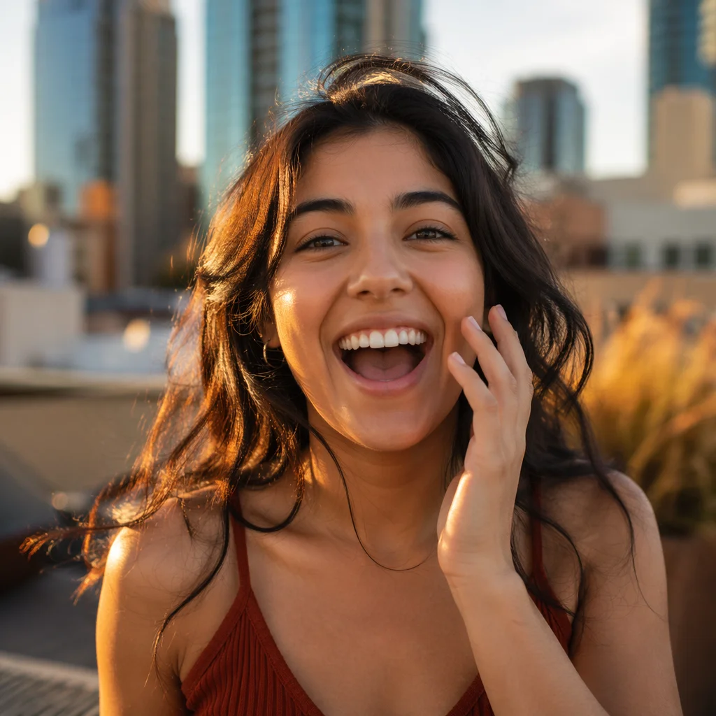 Ecstatic Young Woman Celebrating at Golden Hour