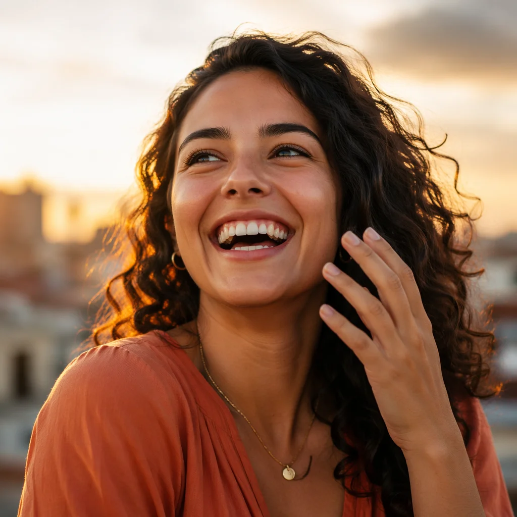 Ecstatic Young Woman Laughing at Golden Hour
