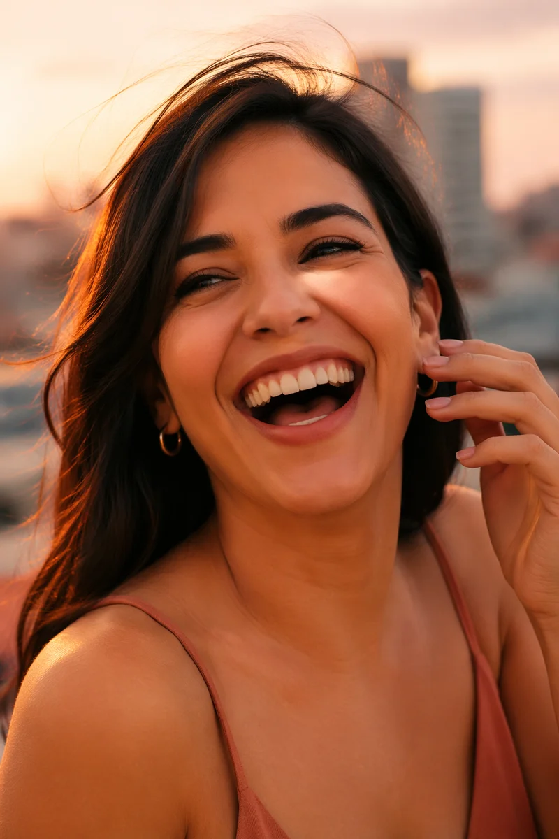 Joyful Young Woman Laughing on Rooftop
