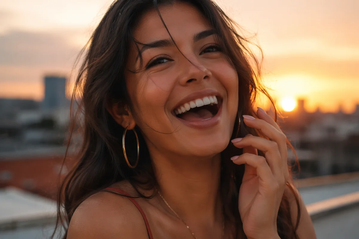 Joyful Young Woman Laughing on Rooftop