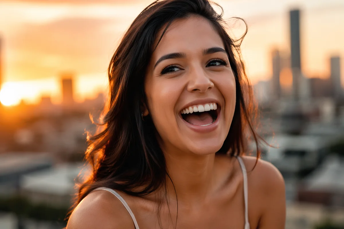 Ecstatic Young Woman Laughing on Rooftop