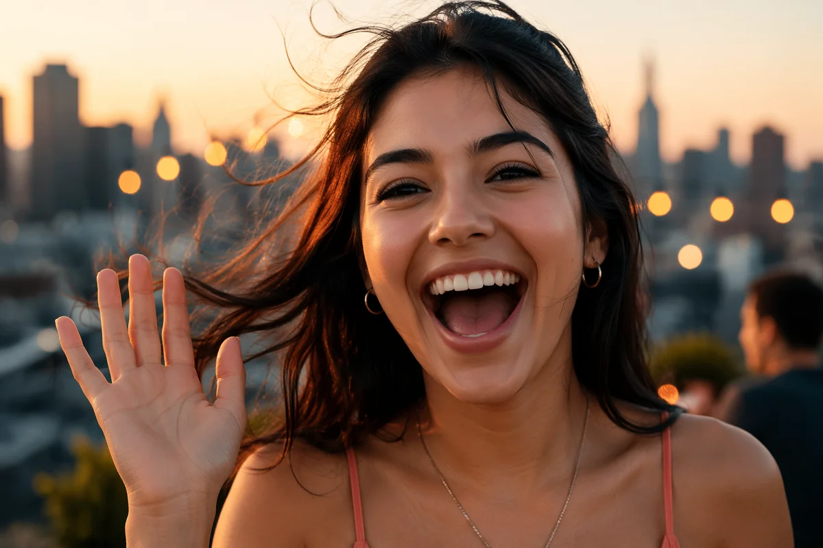 Ecstatic Young Woman on Rooftop at Sunset