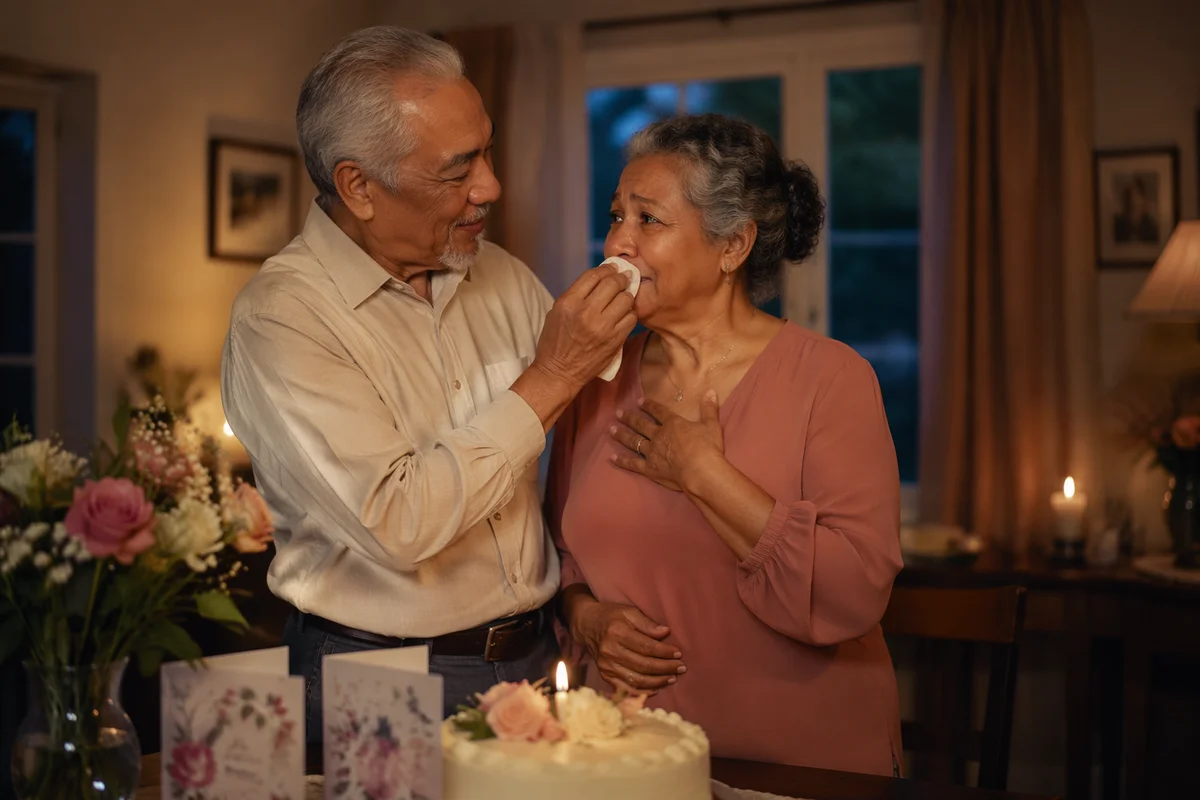 Elderly Couple Sharing Tearful Anniversary Moment