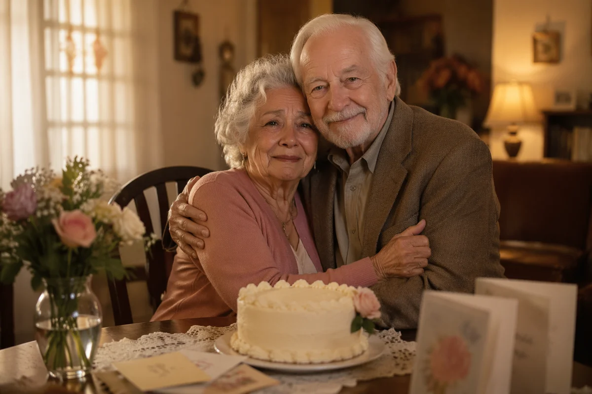 Elderly Couple Embracing at Anniversary Celebration