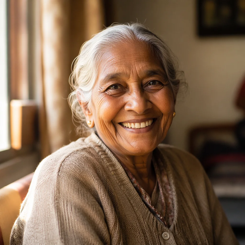 Smiling Elderly Woman by Sunlit Window