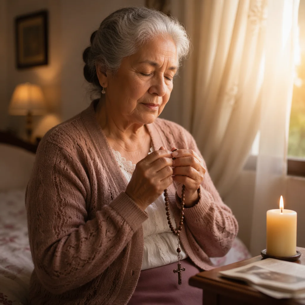 Elderly Woman Holding Rosary by Window