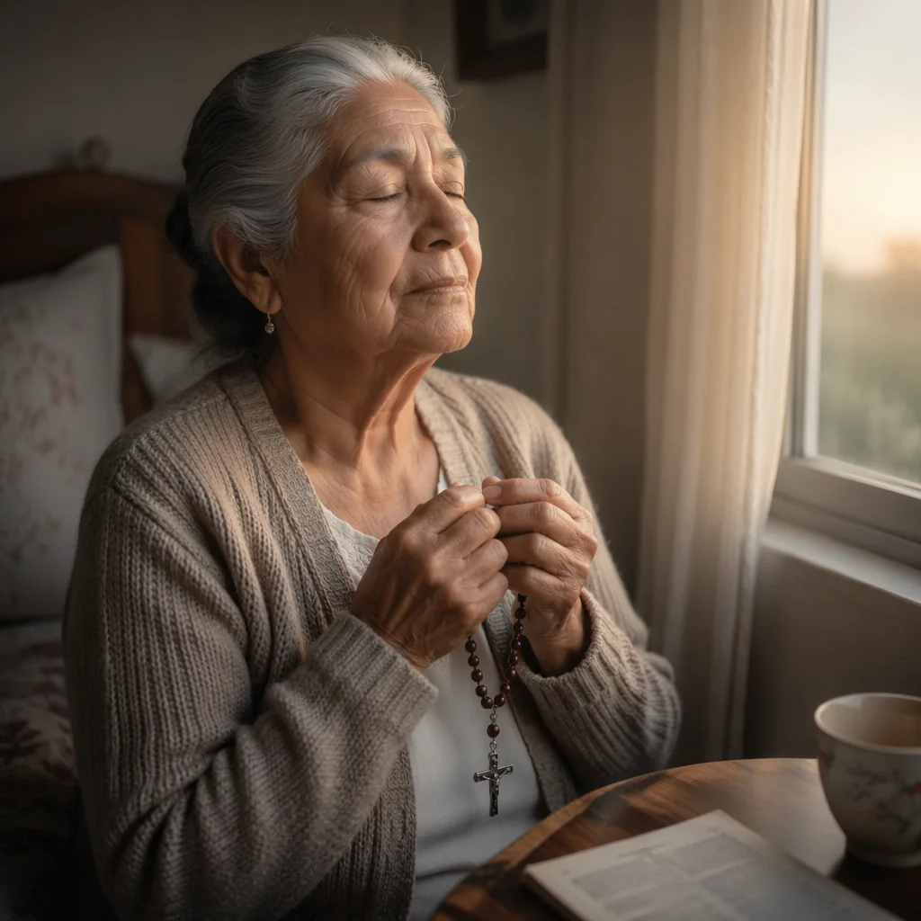 Elderly Woman Praying with Rosary at Dawn
