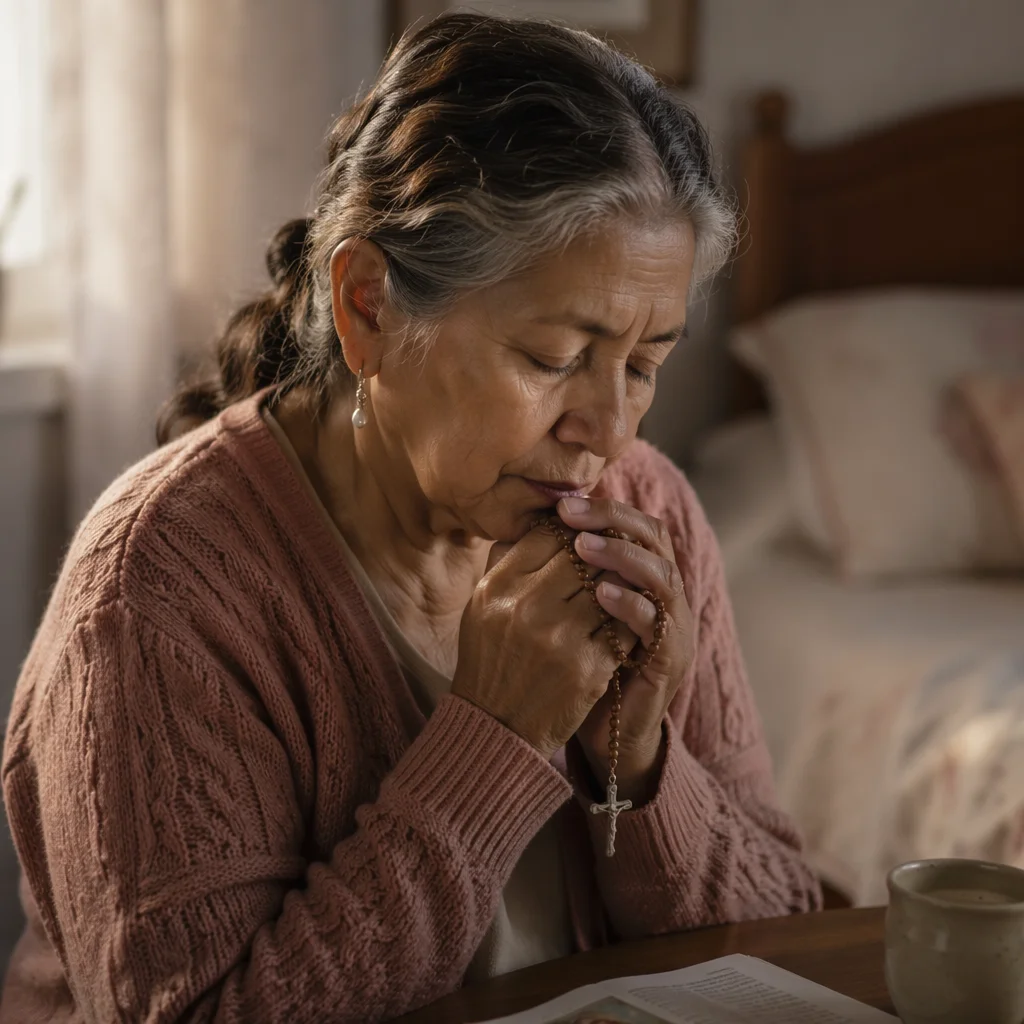 Elderly Woman Praying with Rosary at Dawn