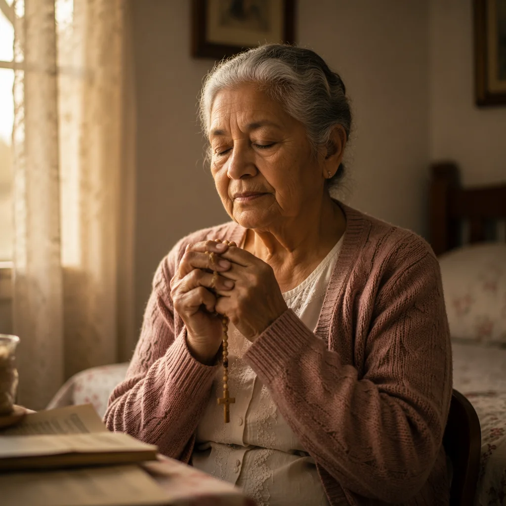 Elderly Woman Praying by Bedroom Window